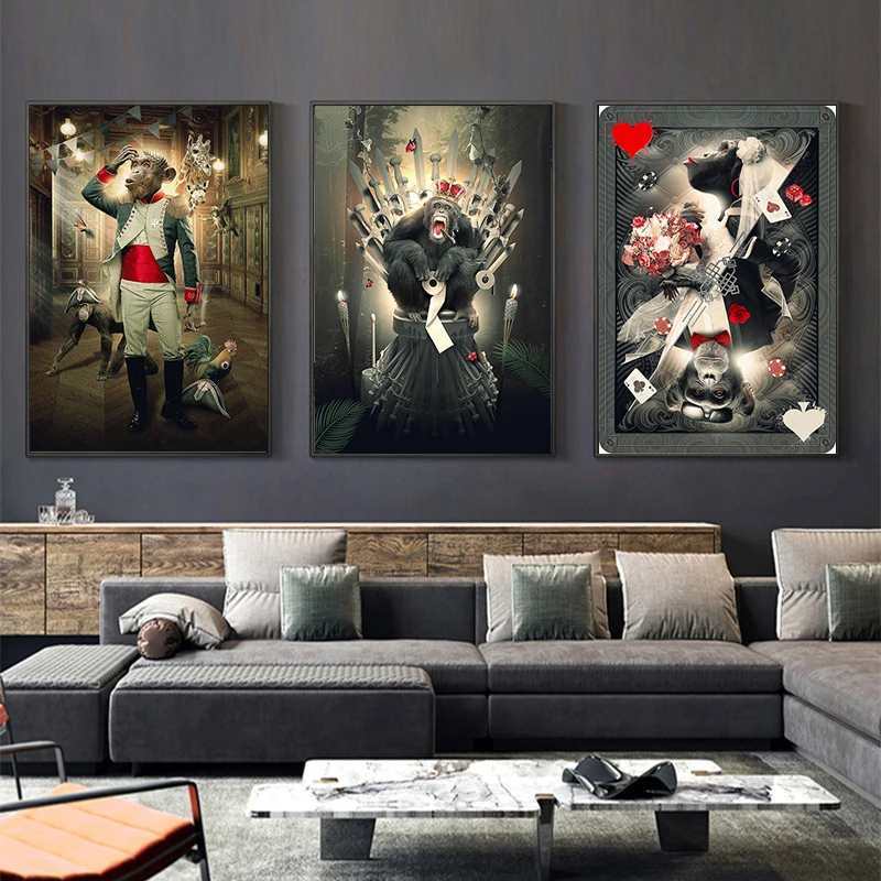 

Vintage Funny Monkey Animal Canvas Paintings Abstract Wall Art Playing Cards Posters Prints Wall Art Pictures Living Room Decor