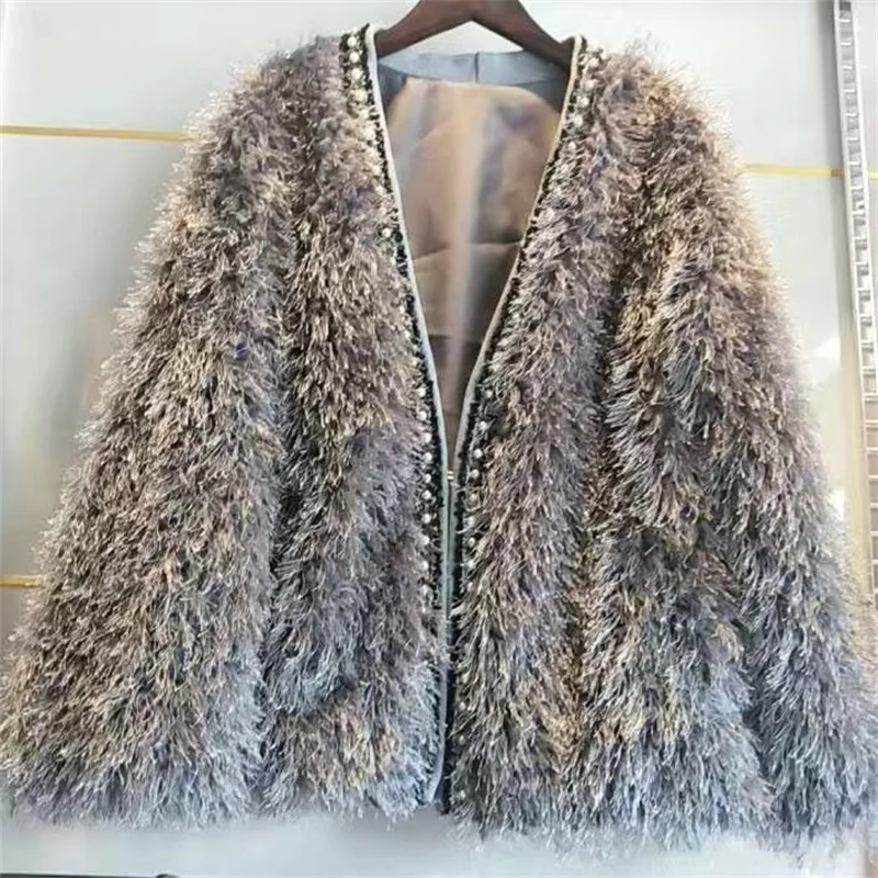 2021 New Heavy Industry Bead Faux Fur Coat Autumn And Winter Cardigan Lamb Wool Coat Temperament Solid Color Fur Jacket Ladies