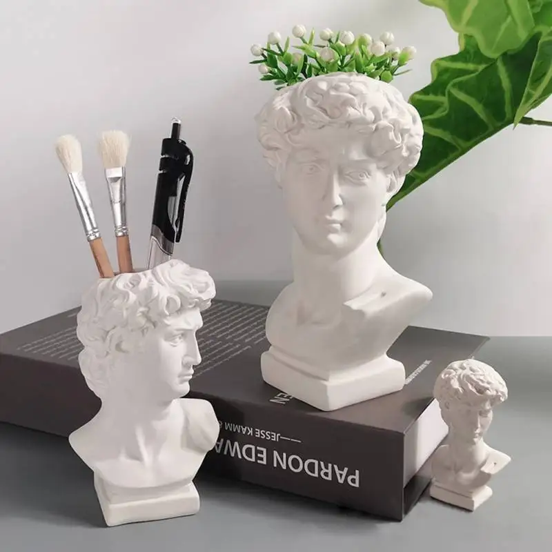 

16cm Creative Pen Holder David Portrait Human Head Vase Makeup Brush Storage Box Flower Pot Home Decoration Resin Crafts