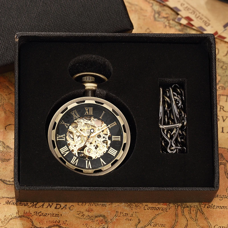 Old Mechanical Pocket Watch with Roman Numerals Number Skeleton Dial Fob Chinese Clock with Gift Box for Men Gifts Dropshipping