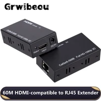 grwibeou 60m hdmi compatible to rj45 extender splitter senderreceiver over ethernet cat 5e6 1080p fhd for tv pc laptop hdtv