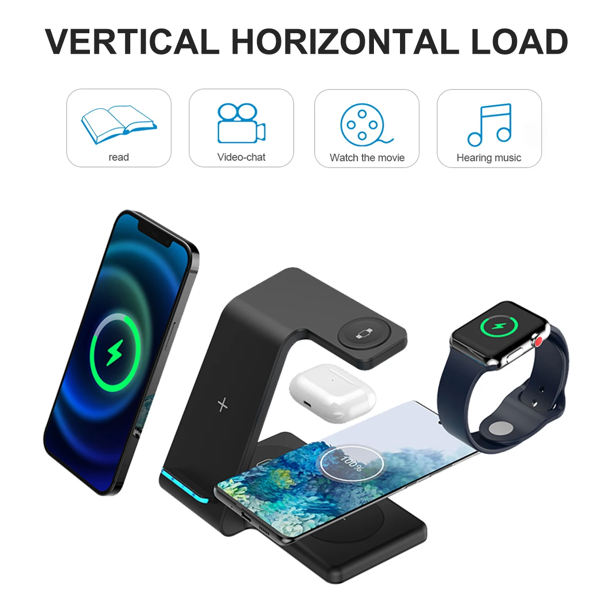 

Беспроводное зарядное устройство 4 in1Qi для iPhone 12 11 XS XR 8 X Apple Watch 6 5 4 3 Airpods Pro, складная подставка поставляется с адаптером PD 30 Вт