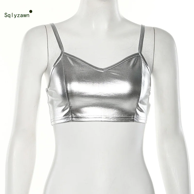 Женская Блестящая Серебристая голографическая майка из искусственной кожи Топ