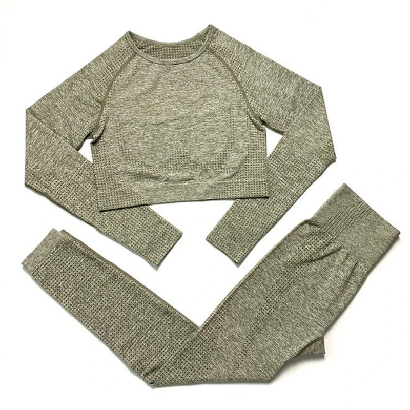 Olive green set Женский бесшовный комплект для йоги, спортивные костюмы для фитнеса, одежда для спортзала, рубашки для йоги с длинным рукавом, леггинсы с высокой талией для бега, одежда для тренировок - Цвет: Olive green set