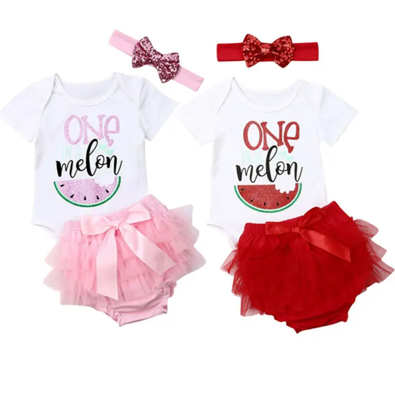 

Baby Girl Clothes Watermelon Jumpsuit Short Sleeves Bodysuit+Headband Outfit Ruffle Shorts Set