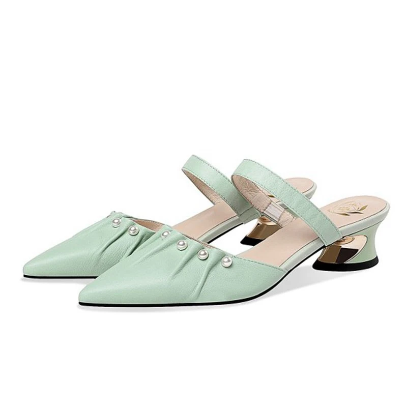 ?? 奪う猫サイズ42牛革4センチメートル低ヒールポインテッドトゥリベット真珠の王女スタイルスリングバックバックルストラップスリッパ女性B2628