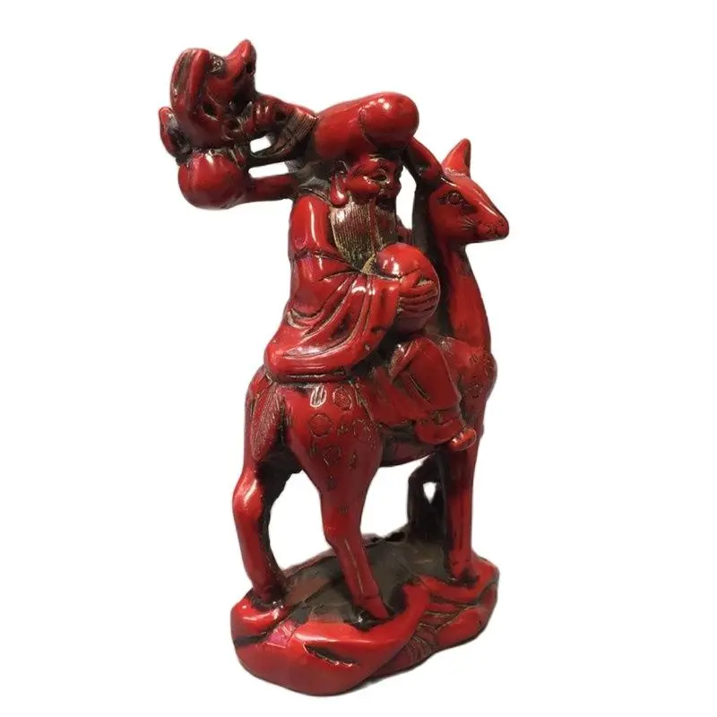 

China old Beijing old goods Red coral carving longevity elderly Deer riding statue