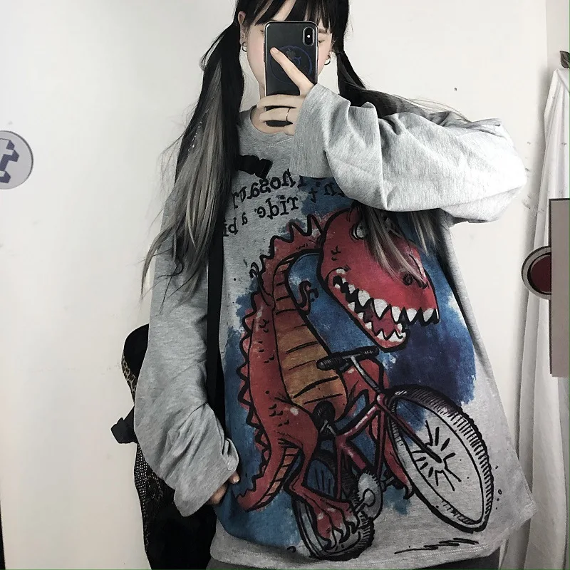 

Women's t-shirts spring and autumn Top white retro cartoon print loose round neck top traf T-shirts harajuku graffiti T-shirt