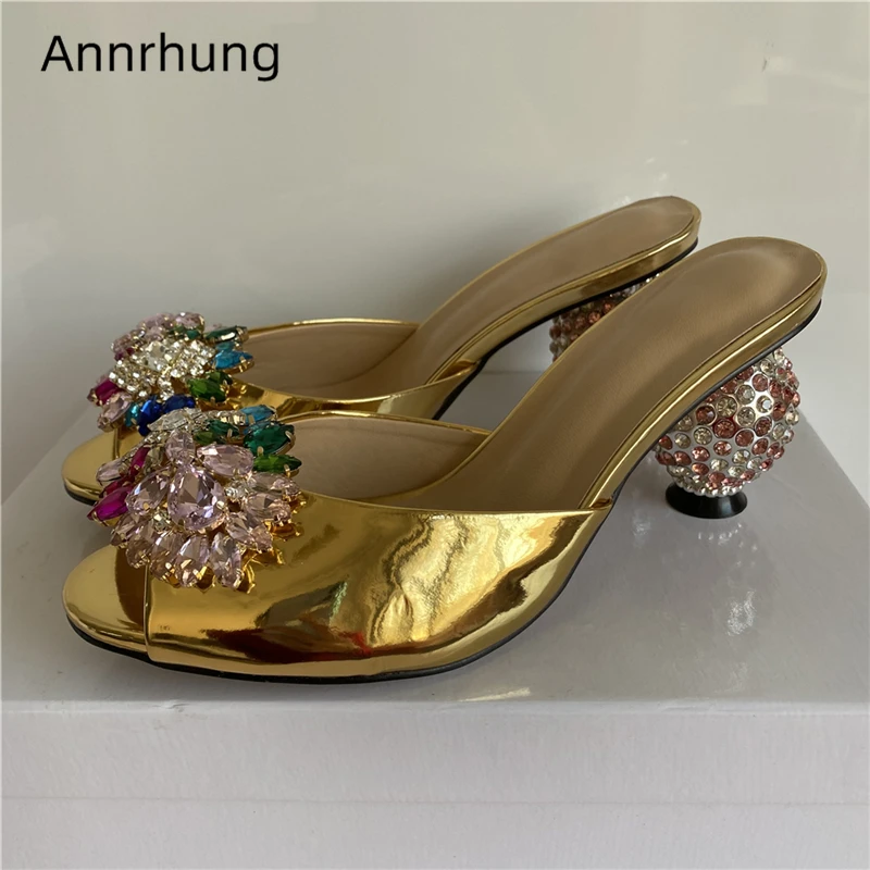 

Colorful Rhinestone Flower Sandals Women Summer Diamond Crystal Spherical Heel Patent Leather Slingbacks Mules For Girls