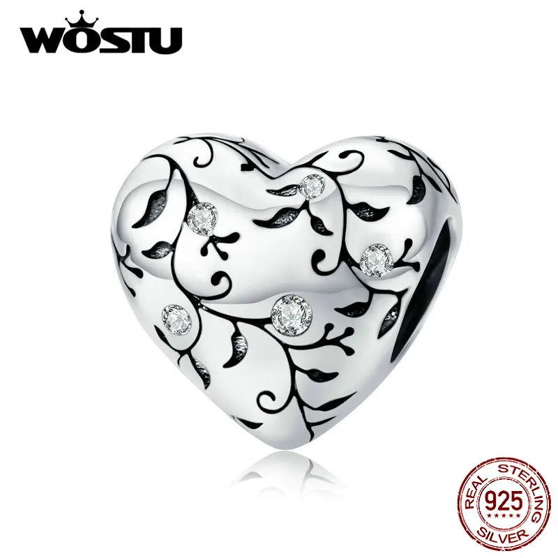 WOSTU Настоящее 925 пробы Серебряное сердце бусины цветок Ретро узоры Подвески Подвеска подходит браслет серебро 925 ювелирные изделия DXC1323