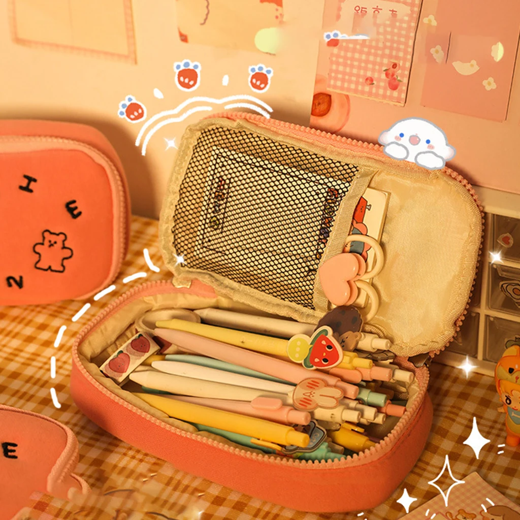 

Bear Embroidery Plush Stationery Pouch Boys Girl Storage Pouch Cute Plush School Case Pen Storage Comestic Makeup Bag