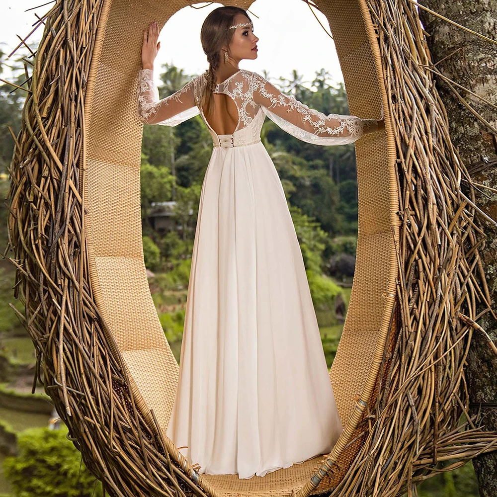 

Bohemian Chiffon A-line Wedding Dress 2021 Long Sleeve O-neck Sweep Train Bridal Gowns with Applique Custom Made