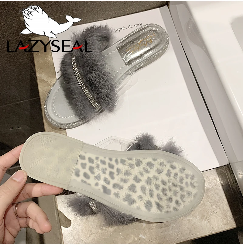 LazySeal/шикарная обувь для ювелирных изделий; женские тапочки из натурального меха; домашние теплые пушистые тапочки на плоской подошве; женские шлепанцы; вьетнамки
