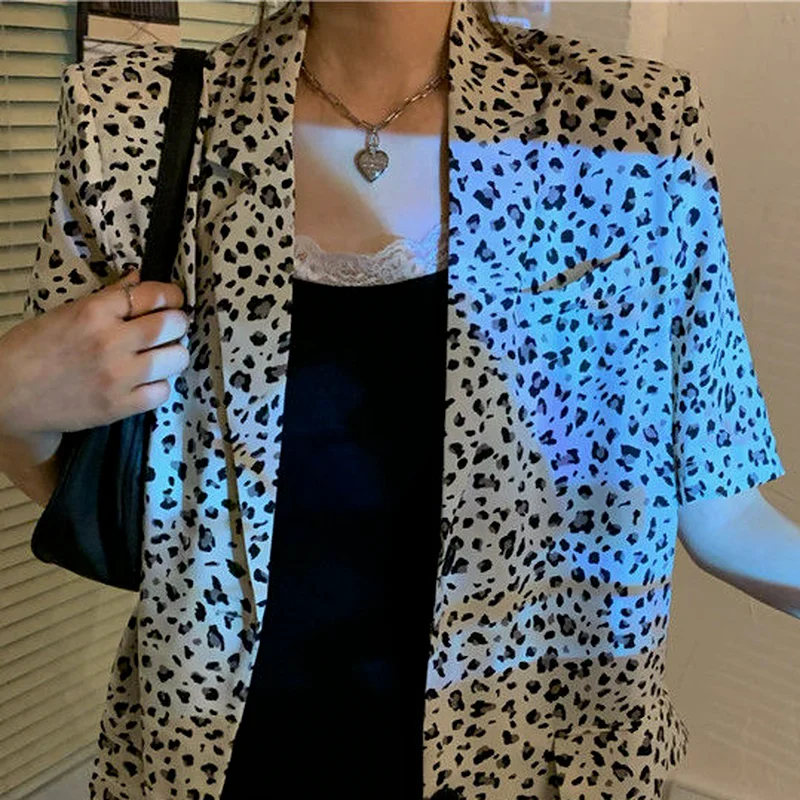 

Blazers Women Casual All-match Loose Leopard Popular Clothes Short Sleeve Notched Fashion Single Breasted Design Pockets Summer
