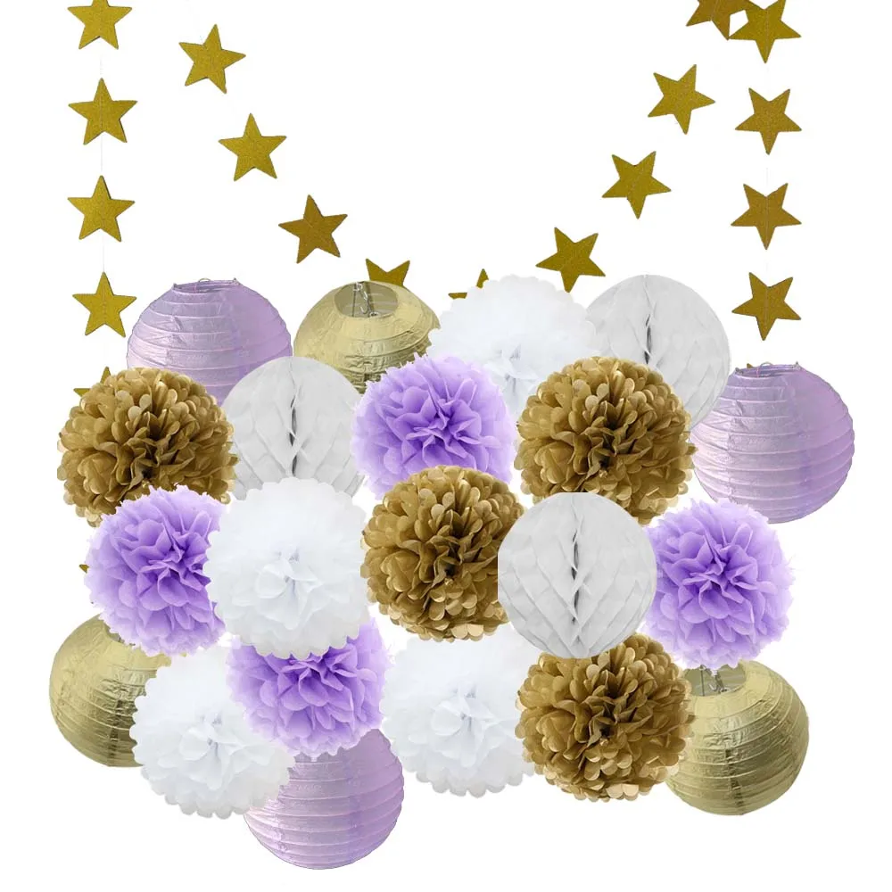 Gold Purple Set Лидер продаж 22 шт./компл. золото/черный/белая Круглая Бумажная Фонари Выпускной 50th День рождения одолжение рождественское год висит Изделия из бумаги - Color: Gold Purple Set