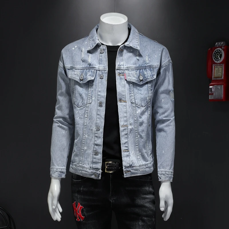 

Nice Spring Autumn Washed Sequins Denim Jacket Men's Long Sleeve Coat