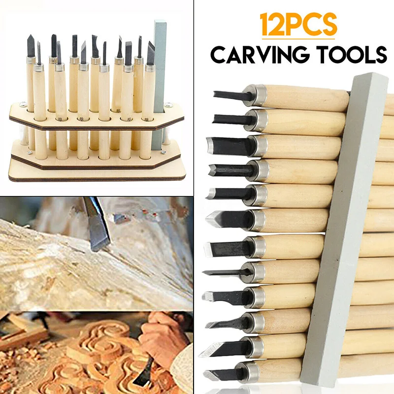 

12Pcs Wood Handle Carving Chisel Tools Kit Professional Woodworking Gouges TT-best