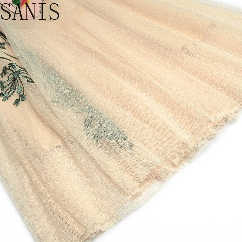 

Sanis New 2021 Fashion Runway Summer Vintage Party Dress Women Short sleeve Elastic waist Sequins Embroidered Mesh Midi Dress