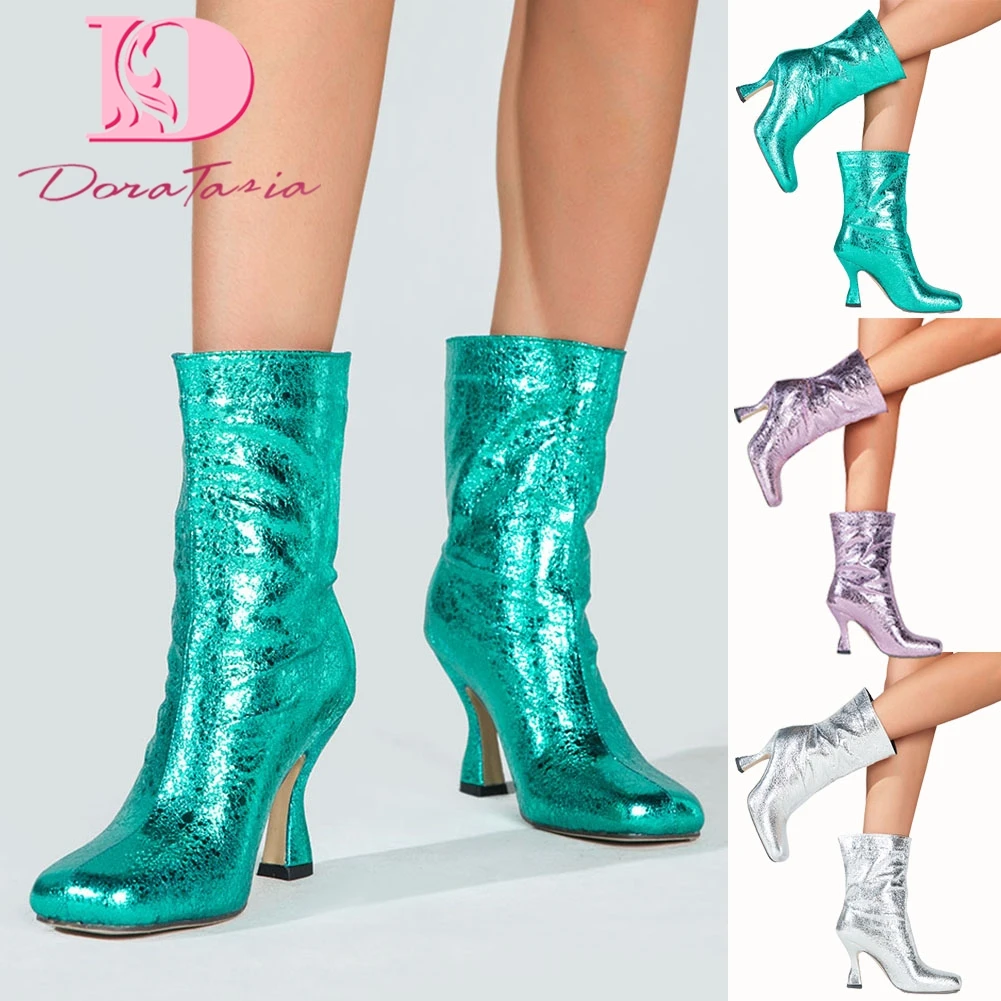 

DoraTasia Осенние новые модные женские ботильоны на высоком каблуке элегантные плиссированные дамские ботинки обувь shinyлаконичная женская обувь