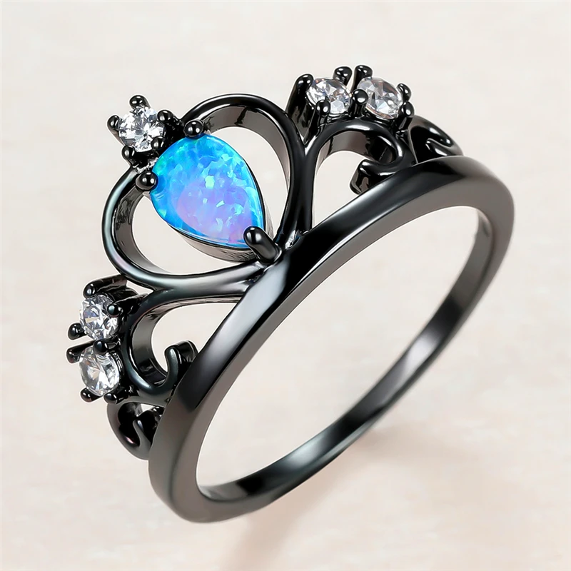 

Trendy Female Blue Opal Stone Ring Charm 14KT Black Gold Thin Wedding Rings For Women Luxury Bride Hollow Crown Engagement Ring