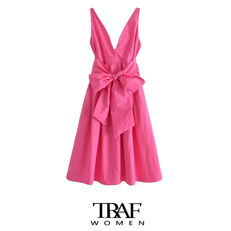 

TRAF Women Fashion With Bow Tied Pleated Poplin Midi Dress Vintage Backless Zipper Wide Straps Female Dresses Mujer