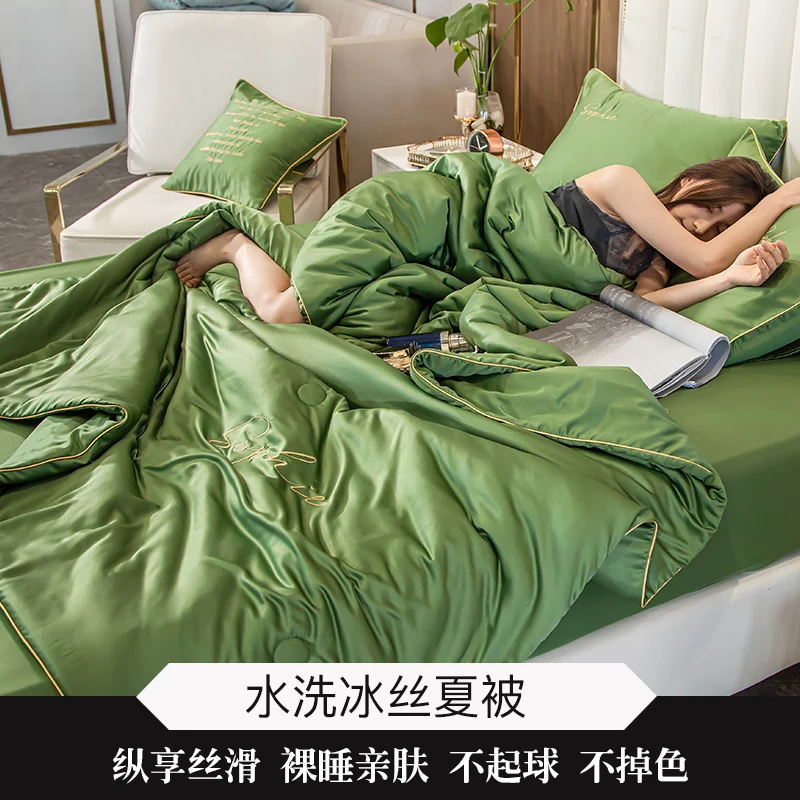 

4PCS Set Summer Solid Bedding Summer Comforter New 100% Silk Bed Linens Air Condition Quilts Duvet Washed Cotton Throw Blankets