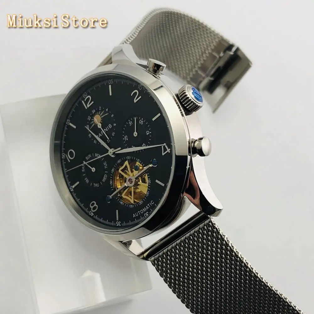 Мужские автоматические механические часы Parnis серебристый чехол 43 мм с черным