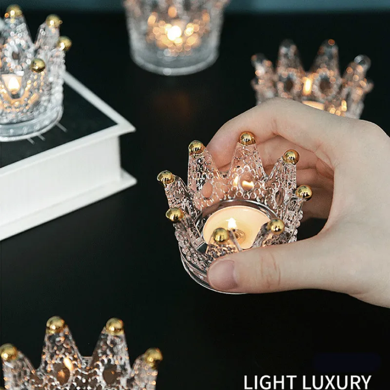European Style Light Luxury Necklace Ring Storage Plate Glass Relief Candlestick Candle Crown Gold Tracing Small Ornament