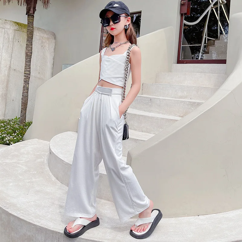 2022 Summer New Casual Outfit Girls Solid White Vest Tops+ Straight Pants 2pcs Set Teenage Children Stylish Elegant Clothing Set