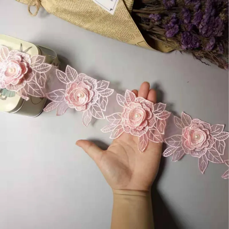 

3 yard Pink Polyester Rose Flower Handmade Embroidered Fabric Lace Ribbon Trim Applique Ribbon DIY Sewing Craft Decoration 10cm