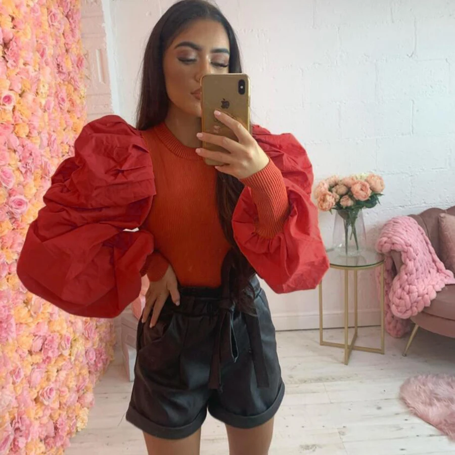 Whatiwear Женские Модные свитшоты повседневные с круглым вырезом рукав-фонарик