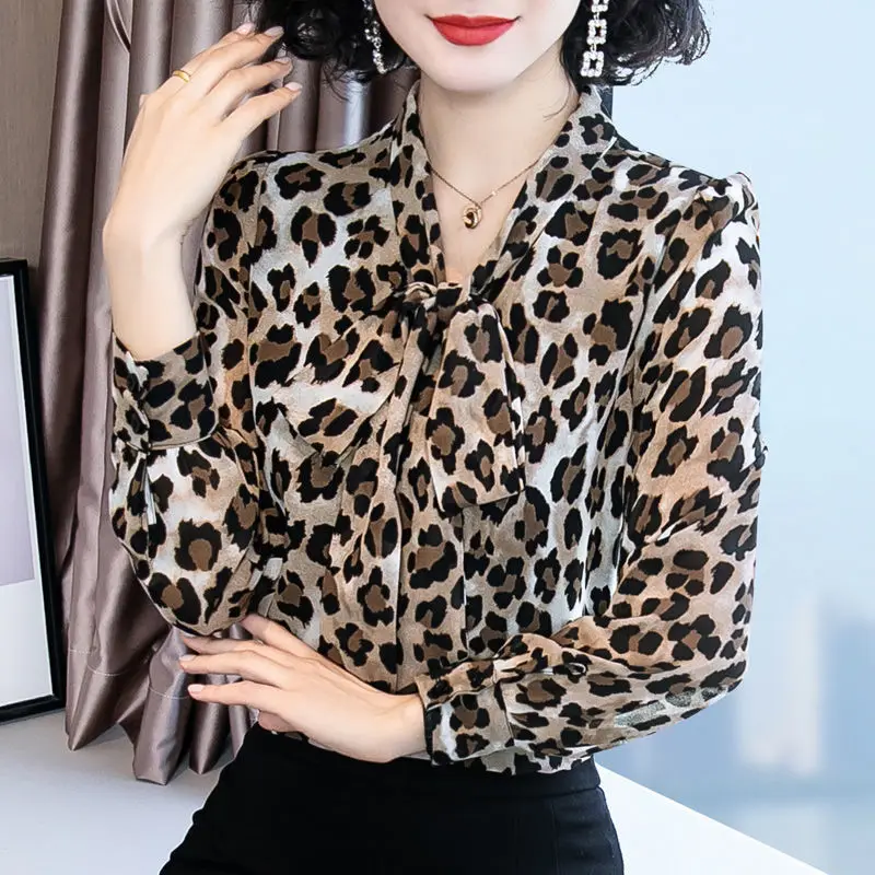 Женская блузка рубашка женская с длинным рукавом Осень Леопардовый принт