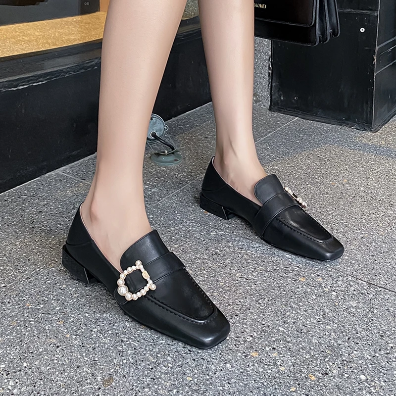 

COVIBESCO Square Toe Classic Basic Casual Women Pumps Genuine Leather Thick Heels Shoes Woman Spring New Pearl Buckle Concise