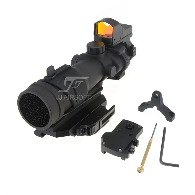 

JJ Airsoft ACOG Style 4x32 Scope with Mini Red Dot and Killflash / Kill Flash , AC12033 Bobro Style QD Mount (Black/Tan)