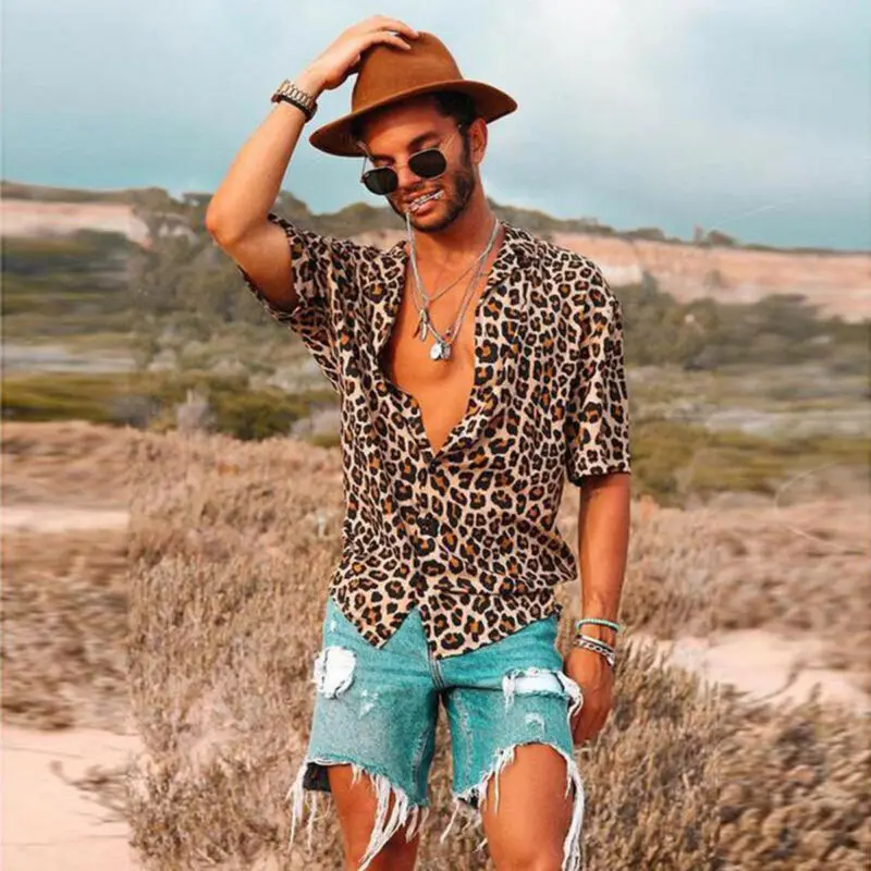

Mens Leisure Leopard print Shirts Casual Vintage Leopard Print Shirts Summer Shirts Man Male Shorts Sleeve Tops Summer s-3xl
