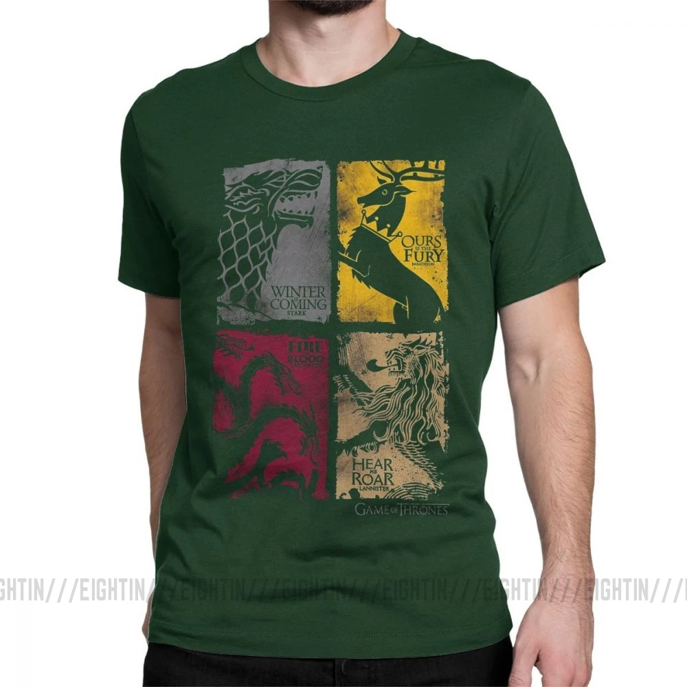 Forest Green Винтажные мужские футболки с принтом "Игра престолов", сериал "Дом Старк Таргариен", хлопок, футболка Lannister для мужчин, для семьи размера плюс 5XL - Цвет: Forest Green