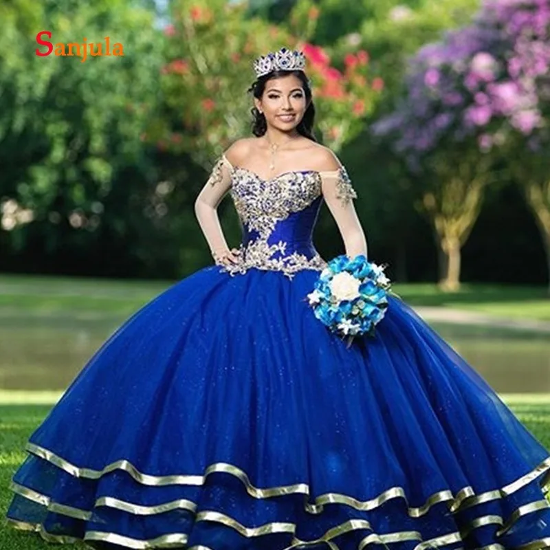 Ярко-синий тюль бальное платье без бретелек Quinceanera платье с открытыми плечами сладкий 16 платье с длинными рукавами и золотым платья с аппликацией D1131