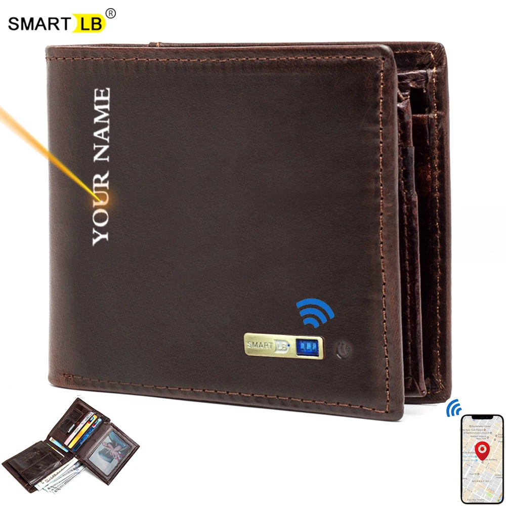 

Smart Wallet Bluetooth-compatible Leather Short Credit Card Holders Male Coin Purse Genuine Leather Men Wallets Free engraving