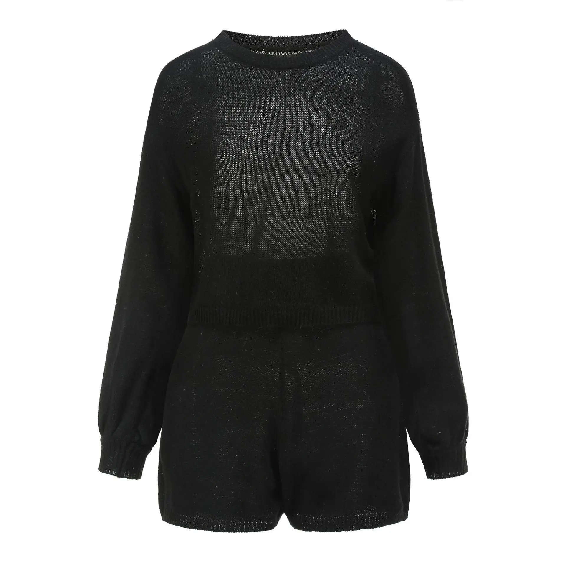 

WEPBEL Women's Casual Loose Solid Color Knitting Suit Spring Autumn Long Sleeve O-neck Short Top + Lace-up Straight Shorts Suit