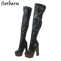 sorbern black matt super long boots unisex crotch thigh high wooden style block heels thick platform shoes custom slim fit shoe
