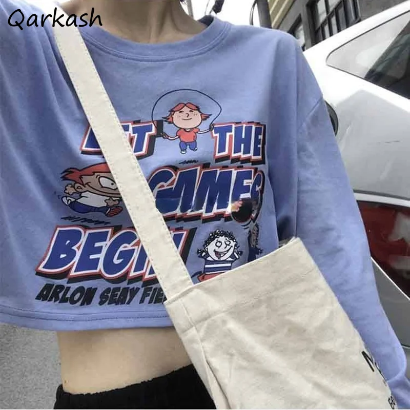 

Футболки с принтом, женский укороченный топ для студентов, модные хипстерские Футболки с длинным рукавом для отдыха, универсальные повседн...