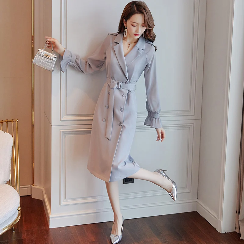 2019 модный Блейзер платье Женский деловой костюм двубортное рабочее костюмы