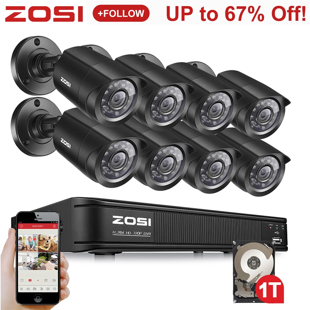 ZOSI 8CH 720P 4-в-1 CVBS AHD CVI TVI видео безопасности Системы CCTV DVR 1 ТБ открытый погодостойкий, для наблюдения, безопасности, Камера
