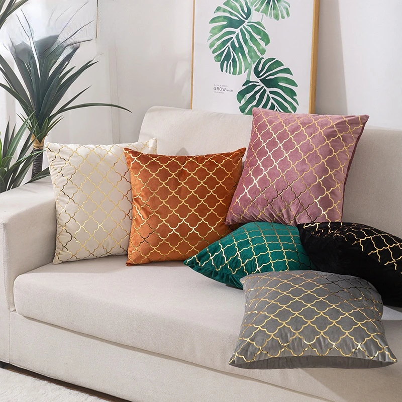 

New Pillows 45x45cm Velvet Gold Printing Pillowcases Simple Light Luxury Sofa Cushion Cover Bedside Home Decor