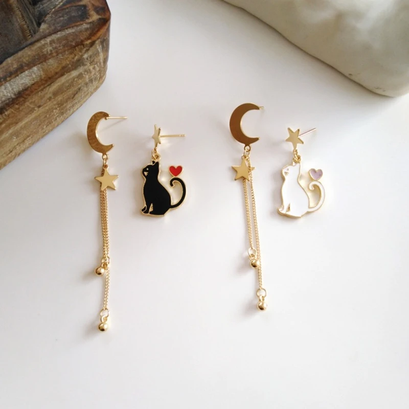 

Asymmetric Temperament Contracted Stars The Moon Stud Earrings Nifty Students Cute Cat Earrings Jewelry Accessories