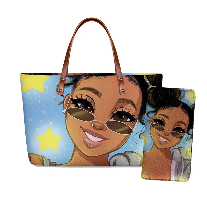 

HYCOOL Stars African Black Girls Pattern Fashion 2pcs/set Women Bags Set Convenient Handbags Card Coin Purse Makeup Clutch Bag