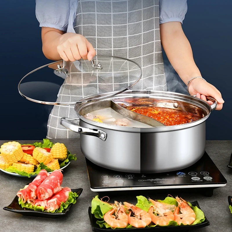 Stainless Steel Divider Hot Pot Food Dishes Chinese Mandarin Duck Hotpot Gas Induction Cooker Fondue Chinoise Cooking Cookware