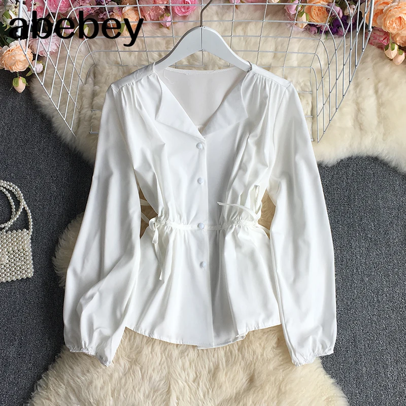 

2021 New Spring Autumn Korean versatile V-Neck long sleeve Shirt high waist lace up pleated waist solid color short Shirt Top