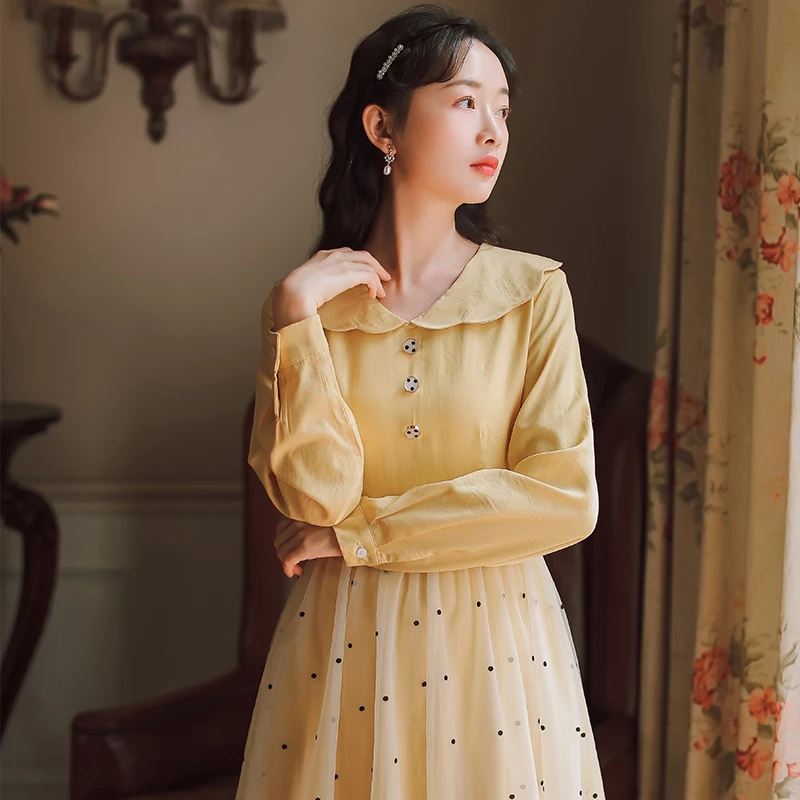 Женское Сетчатое платье с длинным рукавом приталенное на молнии в пасторальном