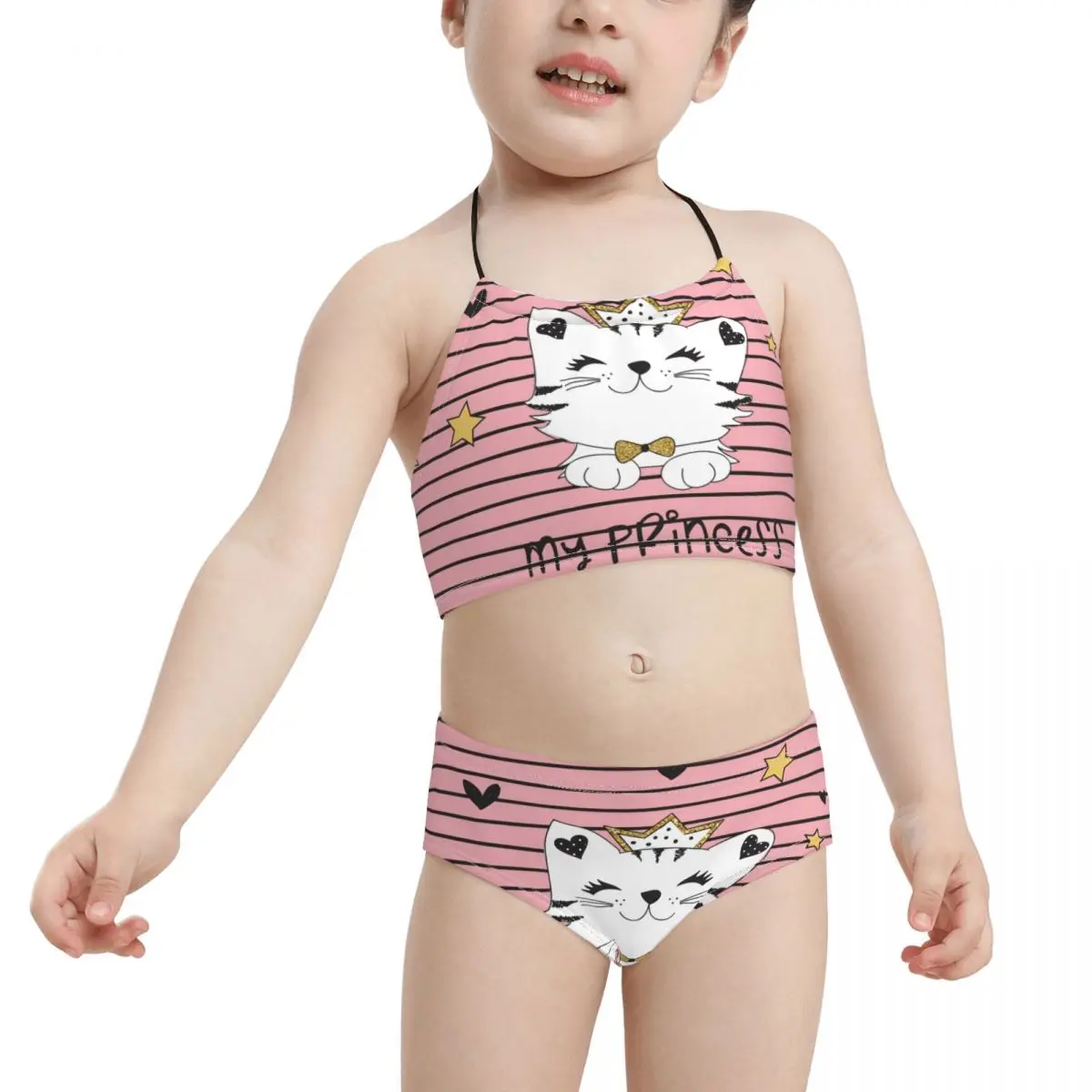 

Girls Swimsuit 2 Piece Bathing Suit for Girls Bikini Set Toddler Swimwear -Cute Cat Kitten Love Heart Striped